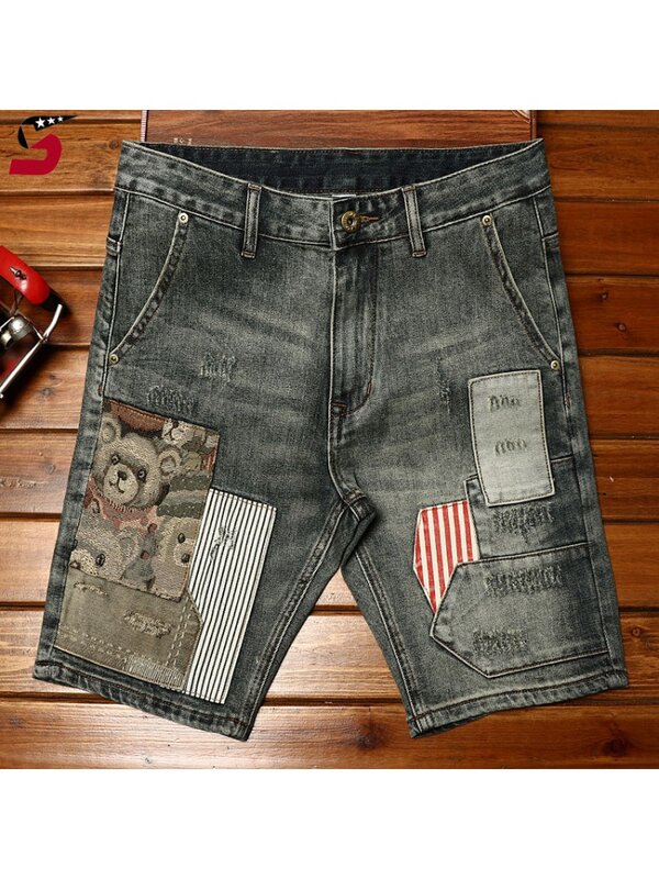 Shorts jeans bordados de alta qualidade para homens, slim fit, calça casual coreana cortada na moda, moda stretch, verão, 2024