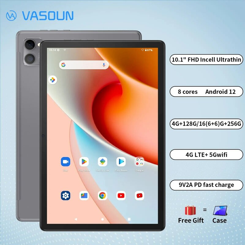 VASOUN Tab13 태블릿, 10.1 인치 안드로이드 12, 1920x1200 FHD, 12GB(6 + 6 확장) RAM, 128GB ROM, 옥타 코어, 듀얼 SIM, 4G LTE, 고속 충전