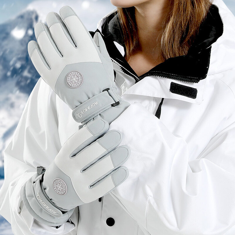 Sarung tangan ski musim dingin untuk pria wanita, sarung tangan bersepeda bulu antiair tebal Snowflak sepeda motor layar sentuh hangat tahan angin untuk salju