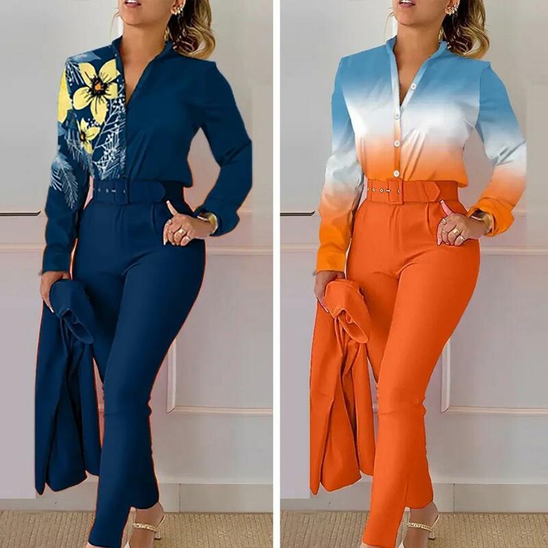 Women Pants Suit Stylish 2-piece Shirt Pants Suit with Stand Collar Cardigan High Waist Pockets Slim Fit Soft Formal for Women