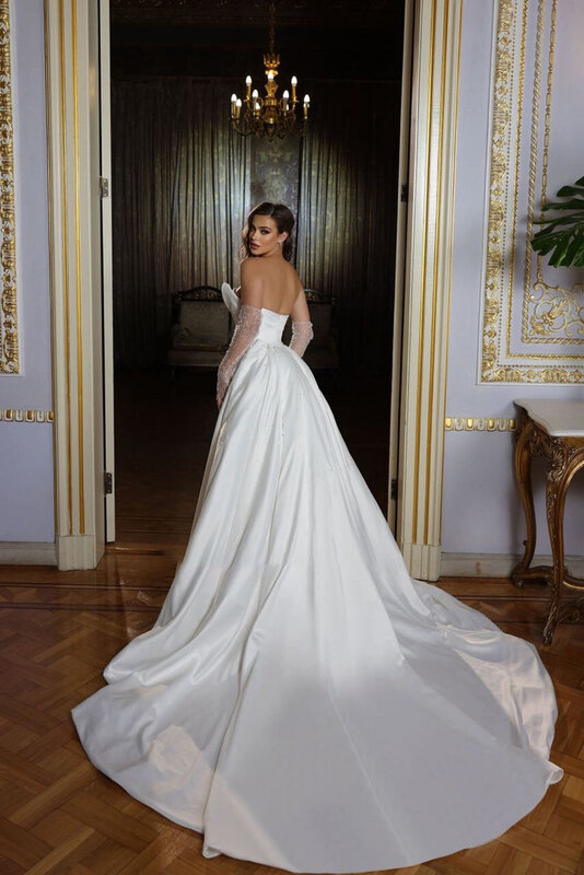 Блестящее простое кружевное свадебное платье с открытыми плечами без рукавов с юбкой-годе роскошное соблазнительное свадебное платье до пола с сердечком 2023