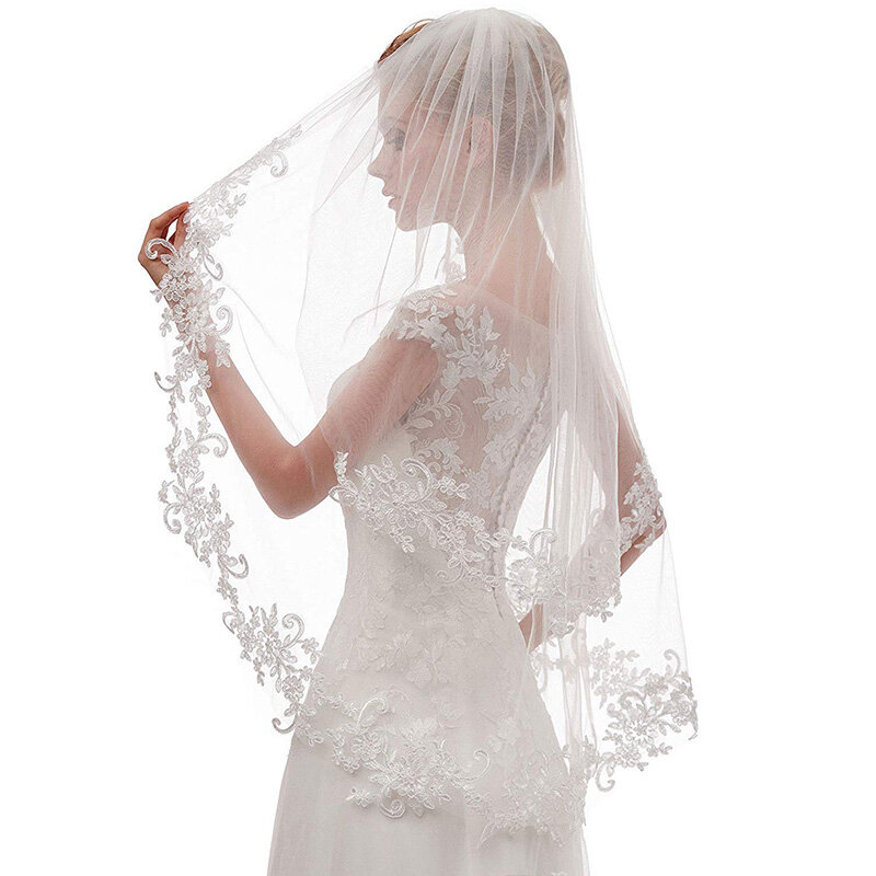 ผ้าคลุมหน้าเจ้าสาวลูกไม้2ชั้นพร้อมหวีผ้าคลุมหน้าเจ้าสาวสีงาช้างเครื่องประดับผมงานแต่งงาน