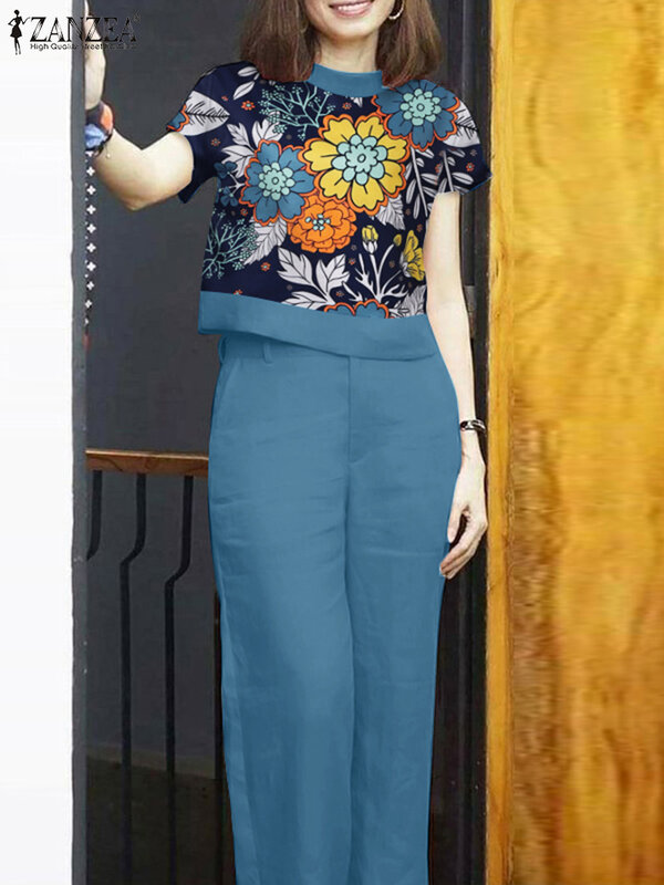 Letnie spodnie garnitury damskie damskie z krótkim rękawem spodnie kwiecista bluzka ZANZEA damskie Vintagae modne pasujące zestawy dresy robocze