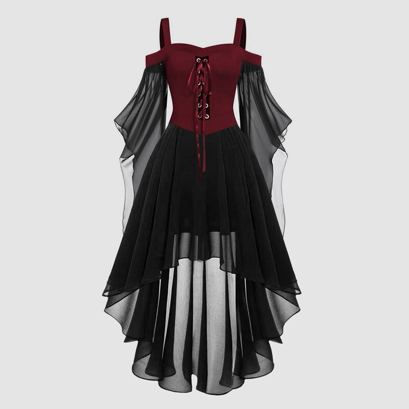 Vestido gótico feminino com cadarço fora do ombro, traje cosplay de bruxa do Dia das Bruxas, malha, linha A pura, vestido de festa longo para mulheres