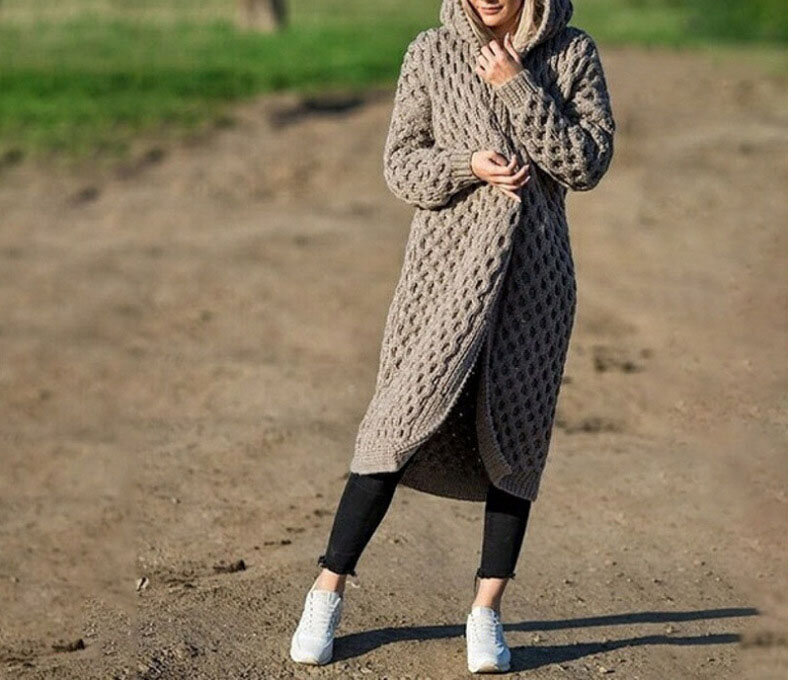 Mantel Sweater rajut panjang wanita, jaket kardigan bertudung warna polos mode baru musim gugur dan musim dingin 2023