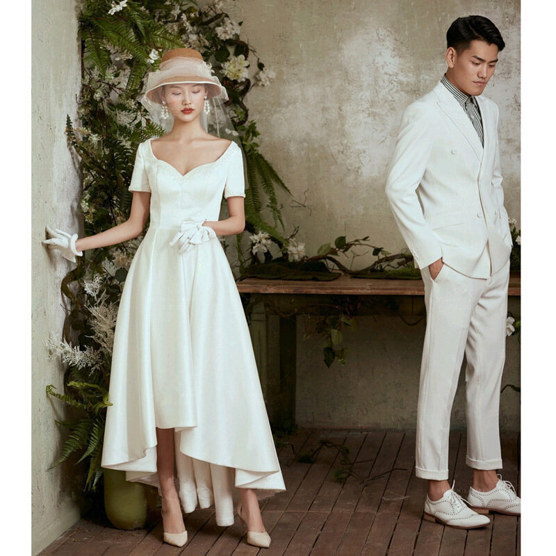 Elegante französische einfache weiße Satin Ballkleider formelle Frauen Kurzarm Hochzeits kleider