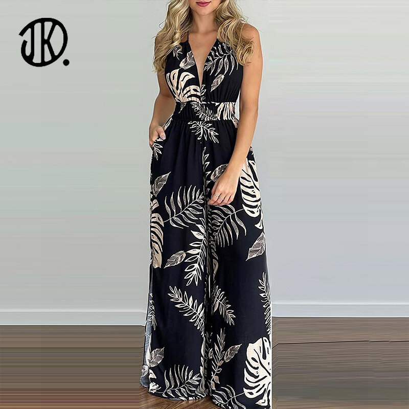 Ladies Bohemian Jumpsuit 2023 Coconut Tree Printed Beach Playsuit For Women Sling Wide Leg Pant Large Size 3XL Hot Sale Overalls