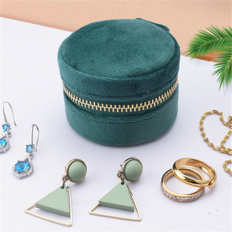 Joyero de terciopelo con cremallera redonda, Mini caja de almacenamiento de joyas, organizador de pendientes, collar, anillo, contenedor con espejo