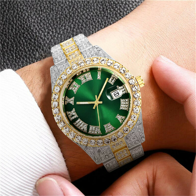 Relógio de pulso de aço inoxidável relógio de quartzo de luxo dos homens relógio de quartzo de ouro pulseira de diamante calendário romano digital dial
