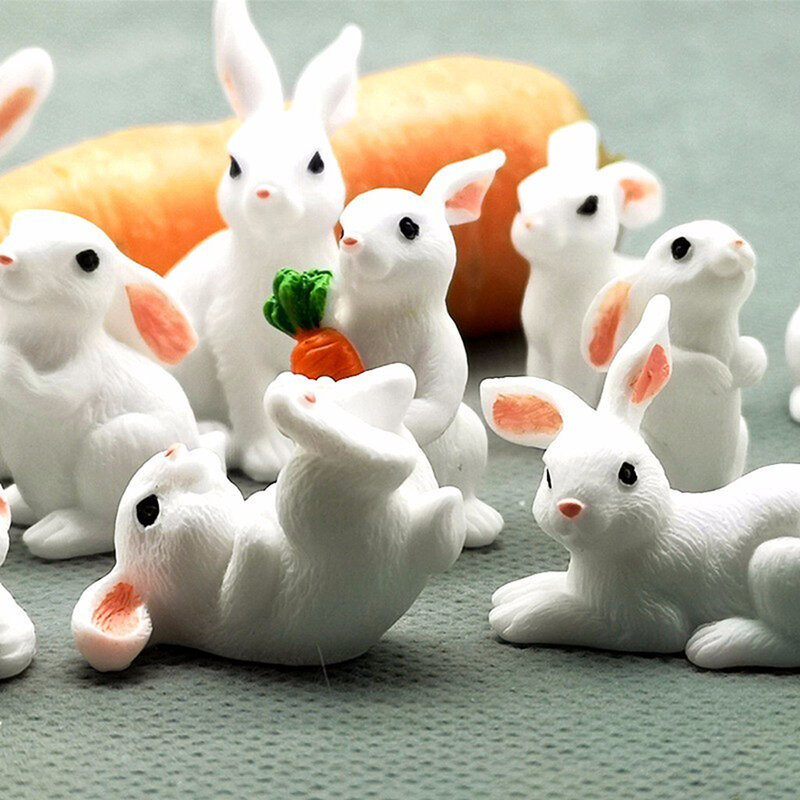 Estatuilla de conejo en miniatura, estatua de conejito de resina, jardín de hadas, Micro paisaje, adorno de casa de muñecas, Mini Animal de liebre blanco, 12 estilos