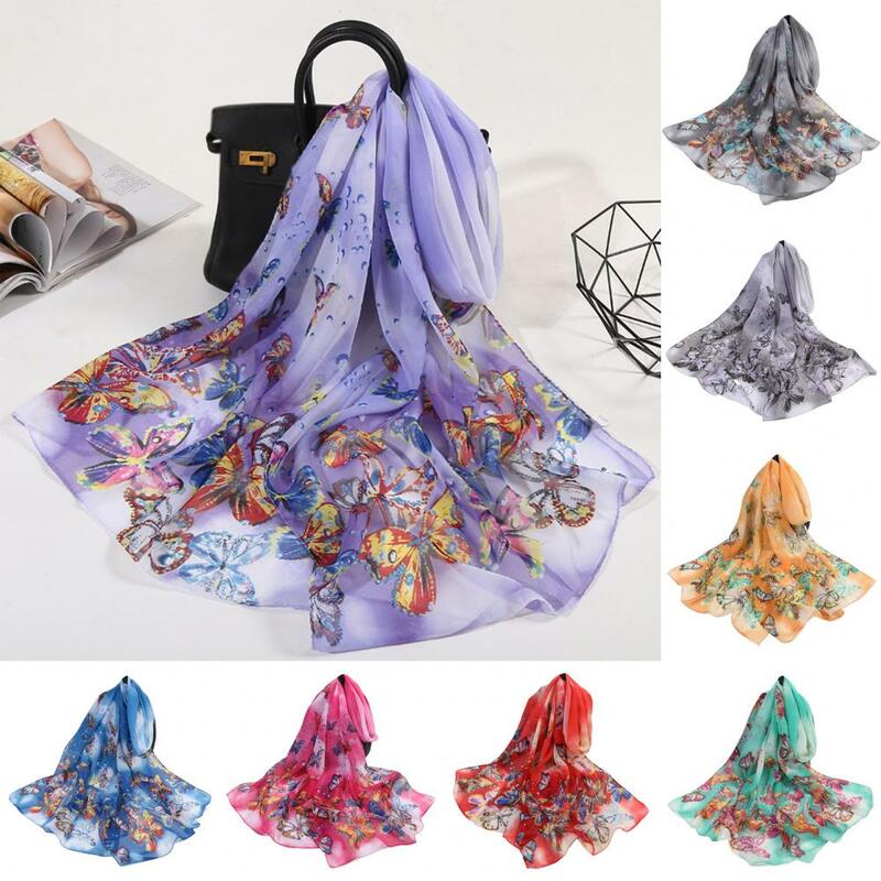 Lenço de seda estampa borboleta para mulheres, lenço decorativo respirável chiffon, bandana de praia, hijabs muçulmanos, hijabs longos