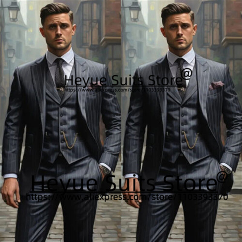 Business Stripe Elegant Men Suits Slim Fit Notched Lapel Groom Formal Tuxedos 3 Pcs Sets Office Work Male Blazer Costume Homme