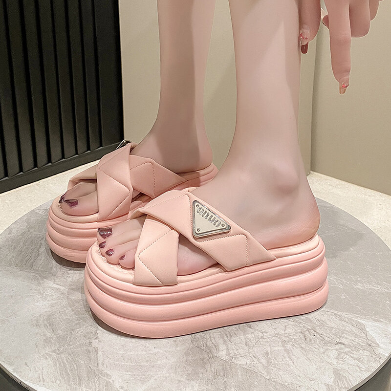 Modne metalowe buty na koturnie kapcie na platformie nowe damskie 7.5CM obcasy skórzane grube sandały kobieta letnie grube dno kliny slajdy