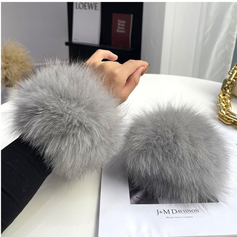 100% Real Fox Fur Cuffs Warmer Wrist Cuff Fur Sleeves For Women Fluffy Fur Wrist Cuffs  Coat Arm Cuffs Bracelet Wristband