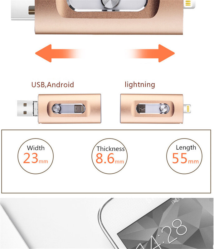 Unidad Flash USB OTG 3 en 1 para iOS, Pendrive de Metal de 64GB, 2023 GB, 128 GB, 256 GB, 1TB, para iPhone Plus, 512