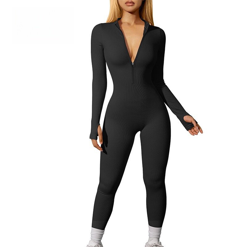 Women's open-neck zipper long-sleeved pants jumpsuit Europe and the United States seamless cross-border tight body yoga fitness