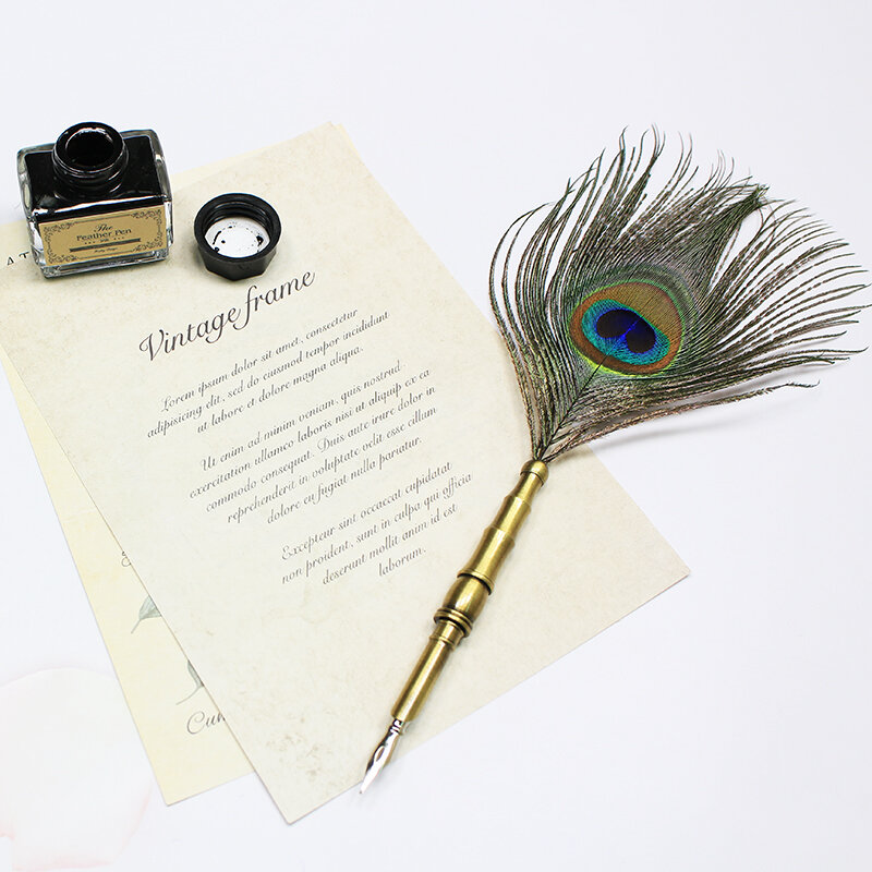 Натуральное павлинье перо Dip Ручка, Подарочная коробка, набор чернил для письма, настраиваемый логотип, рождественский подарок, офисные и школьные принадлежности