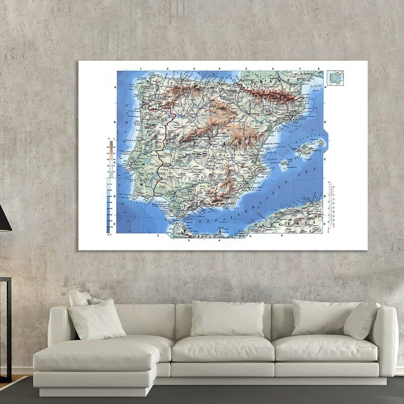 225*150cm 스페인 지형 고도지도, 스페인어 부직포 캔버스 회화 벽 아트 포스터 홈 인테리어 학교 용품