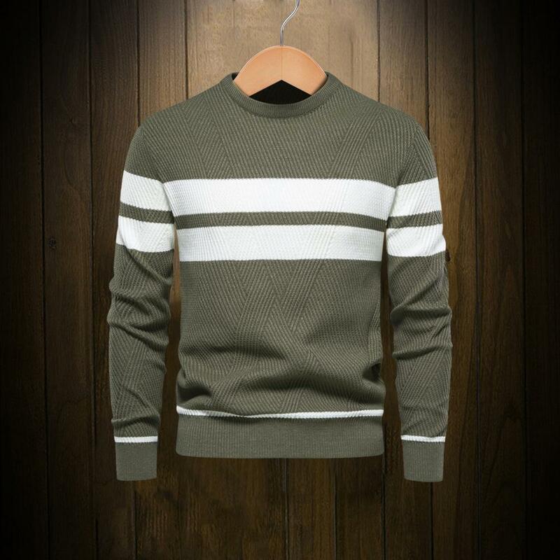 Мужской свитер, стильный мужской свитер в полоску с пэчворком, теплый вязаный пуловер для осени/зимы, Модный Полосатый Принт