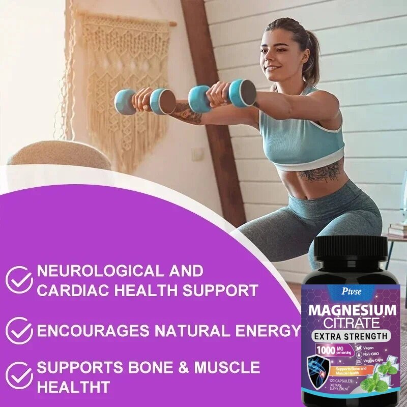 Cápsulas de citrato de magnesio, 1000 Mg, máxima absorción para músculos, nervios, huesos y salud del corazón, sin olor, sin GMO