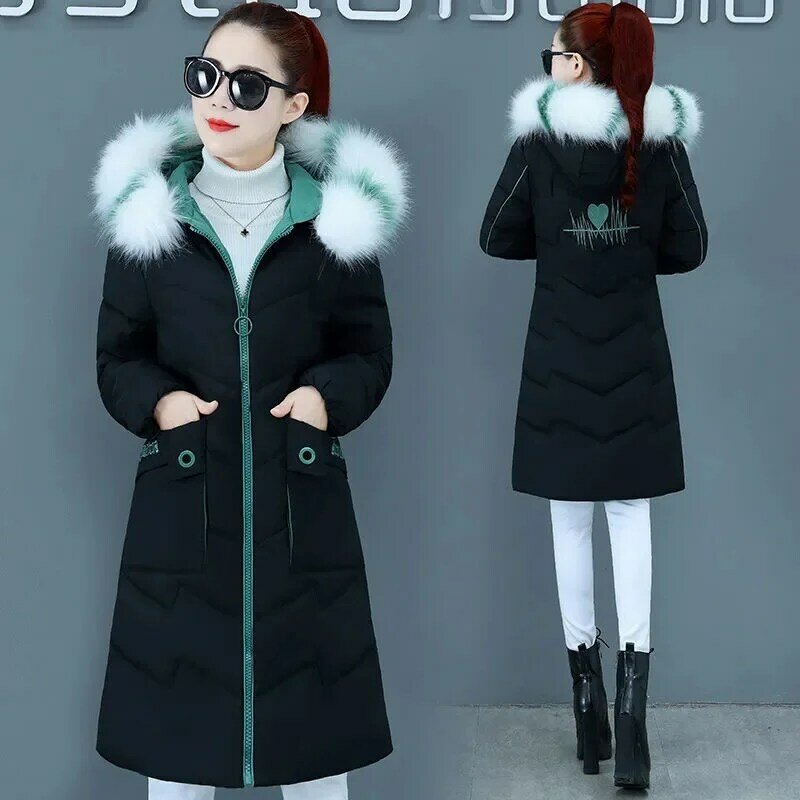 Casaco feminino de algodão longo e fino, colarinho de pele grande, casaco de estudante da moda, versão coreana, novo, outono e inverno, 2023