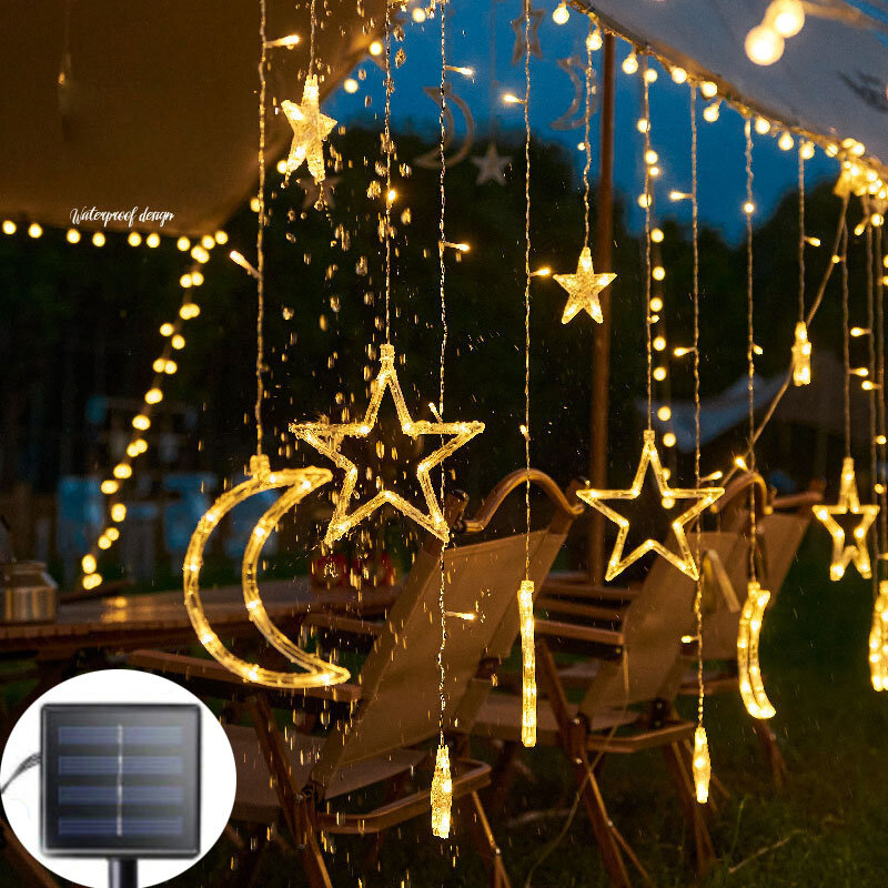 Guirxiété lumineuse solaire LED Moon Star, décoration de Noël, maison, extérieur, mariage, rideau lumineux, décor de vacances