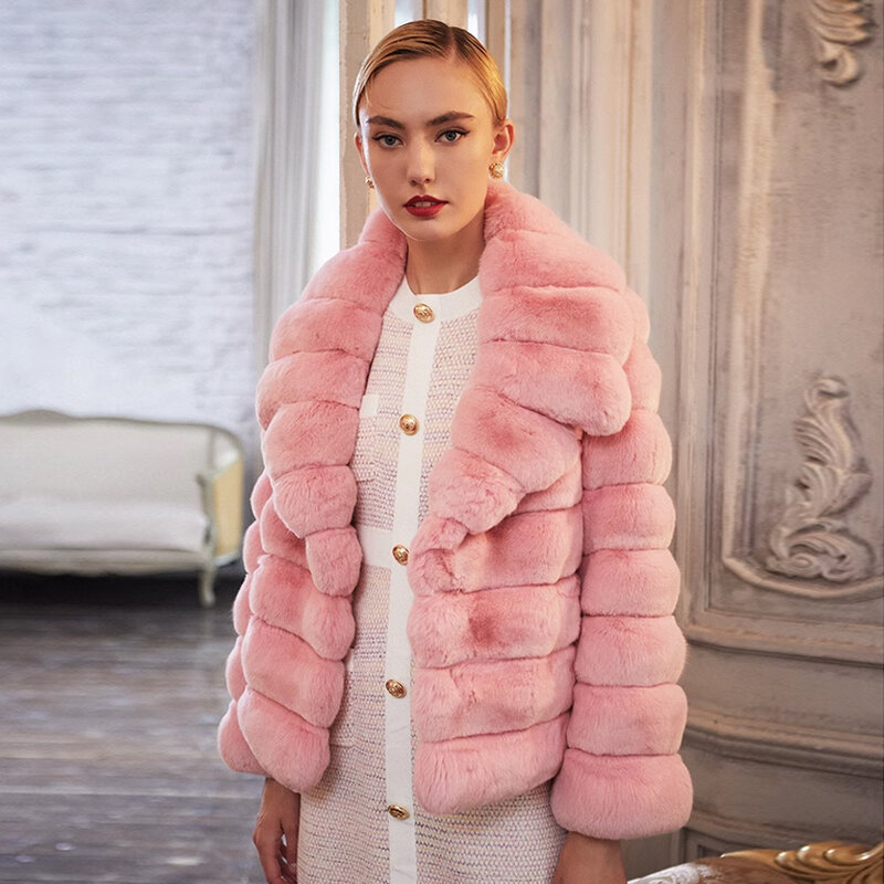 Womens Jacket Chinchilla Rex Rabbit Fur Coat Natural Fur Coat With Lapel Best Selling Short Coat For Women
