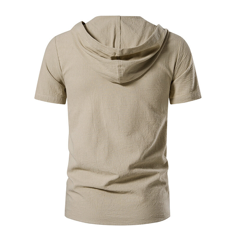 Camisa de manga corta de algodón con capucha para hombre, camisa informal de lino con cuello en V, Sudadera con capucha para playa y Yoga, Tops de verano