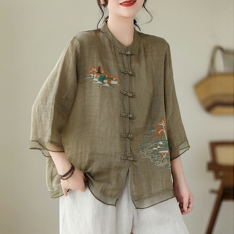 قميص نسائي غير رسمي مطرز كلاسيكي على الطراز الصيني ، قمصان أساسية نسائية فضفاضة ومريحة ، قميص صيفي ، وصل حديثًا ، B3709