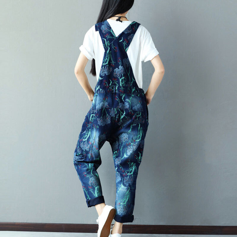 Baju kodok bercetak tertekan wanita, Jumpsuit Korea Fashion dicuci ukuran besar tali Jeans Perempuan Musim Panas 2024