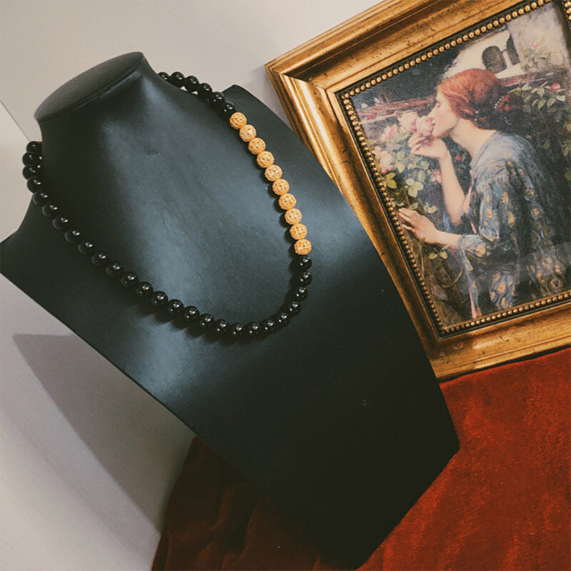 Fashion set perhiasan wanita, gelang kalung bola tembaga batu akik hitam Vintage untuk perempuan