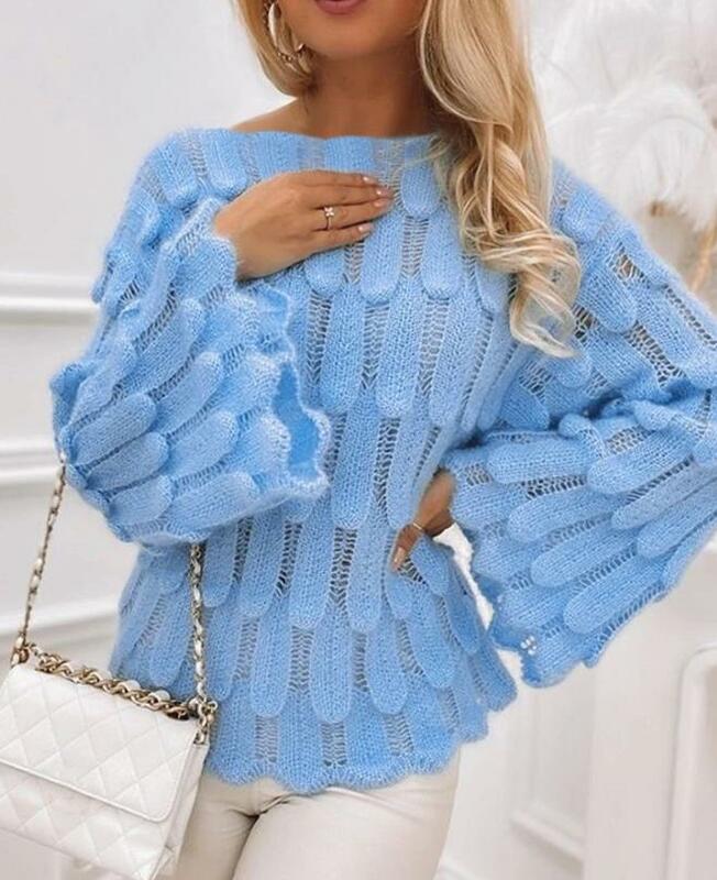 Suéter feminino de gola comprida, com saída oca, manga sino, pulôver elegante, blusa diária, suéteres de outono e inverno, 2023