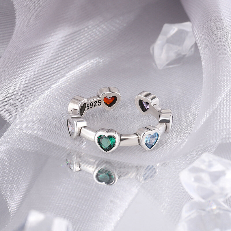 100% sólido 925 prata esterlina coração anéis para as mulheres verde vermelho pedra simples na moda retro anillos presentes de festa acessórios