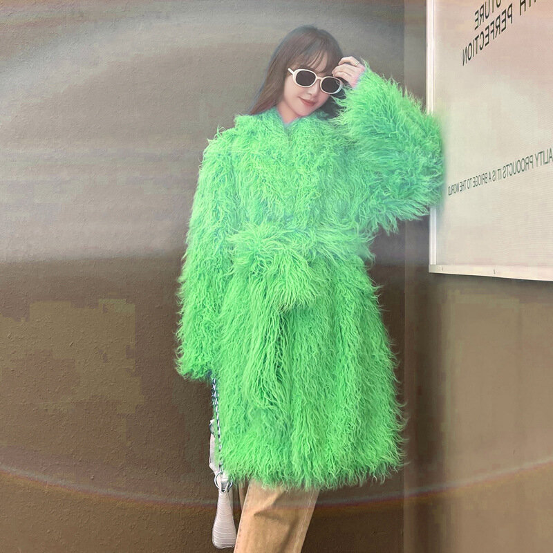 Женское меховое пальто, новинка зима 2022, модная уличная одежда, Женская длинная пушистая куртка с поясом из искусственного меха, с лацканами, праздничная одежда