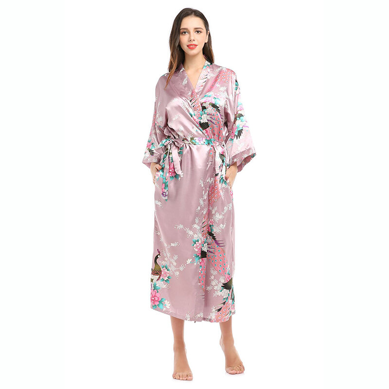 Womens Silk Satin Kimono Robes Lange Nachtkleding Kamerjas Bloemen Pauw Gedrukt Patroon Party Wedding Bruidsmeisje Badjas