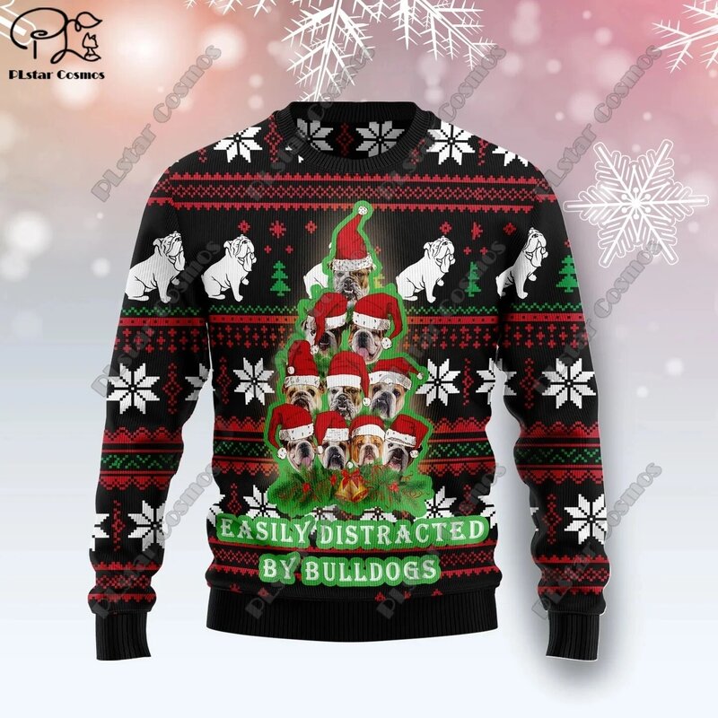 Suéter con estampado 3D de elementos navideños, suéter con patrón de árbol de Navidad, Papá Noel, arte feo, calle informal, S-4 de invierno
