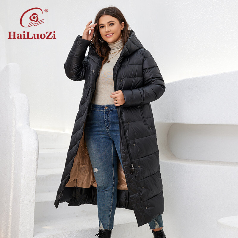 HaiLuoZi-Parkas com capuz grosso de comprimento médio feminino, jaquetas quentes, cinto de zíper, casaco casual clássico, tamanho grande, inverno, novo, 2022, 6037