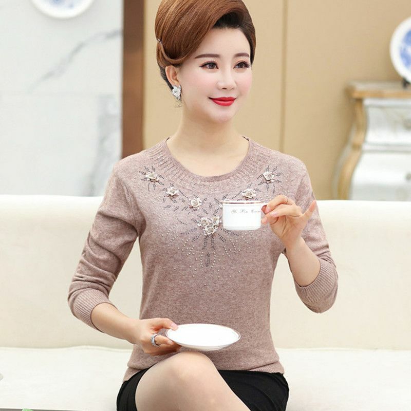 Elegant O-Neck Knitted Sequined Diamonds Sweaters Women's Clothing 2023 Autumn Winter Loose Office Lady Pullovers All-match Tops