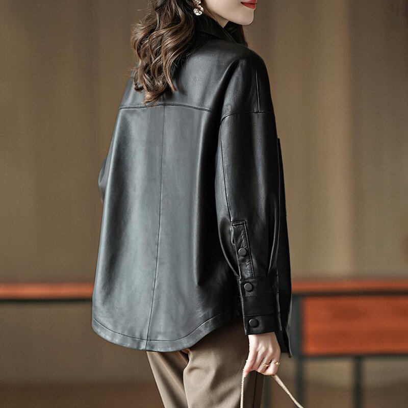 Blusa de piel de oveja para mujer, prenda de marca de lujo de alta calidad, ajustada, con una sola botonadura y solapa media larga