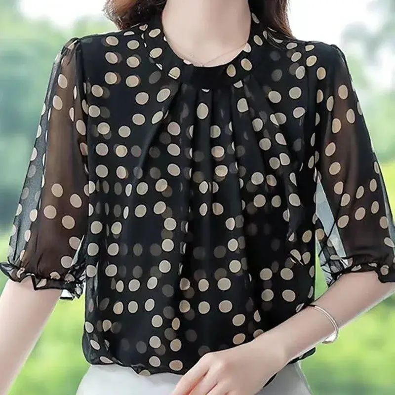 Женская одежда, модная шифоновая рубашка в горошек с круглым вырезом, летняя новая повседневная Корейская блузка с полурукавами