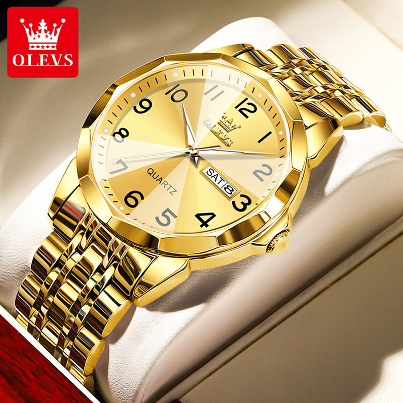 OLEVS นาฬิกาควอทซ์สีทองหรูหราแฟชั่นธุรกิจสแตนเลสสตีลสำหรับกันน้ำผู้ชายลำลองแสดงวันที่สำหรับผู้ชาย