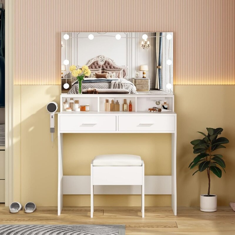 Vabches-tocador de maquillaje con espejo iluminado y toma de corriente, juego de tocador blanco, escritorio, liquidación, 3 colores de iluminación