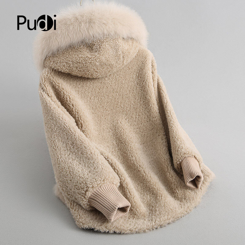Pudi a18103-女性用ウールウィンターコート,暖かい本物のキツネの毛皮のフード付きコート,長いウールの裏地,オーバーコート
