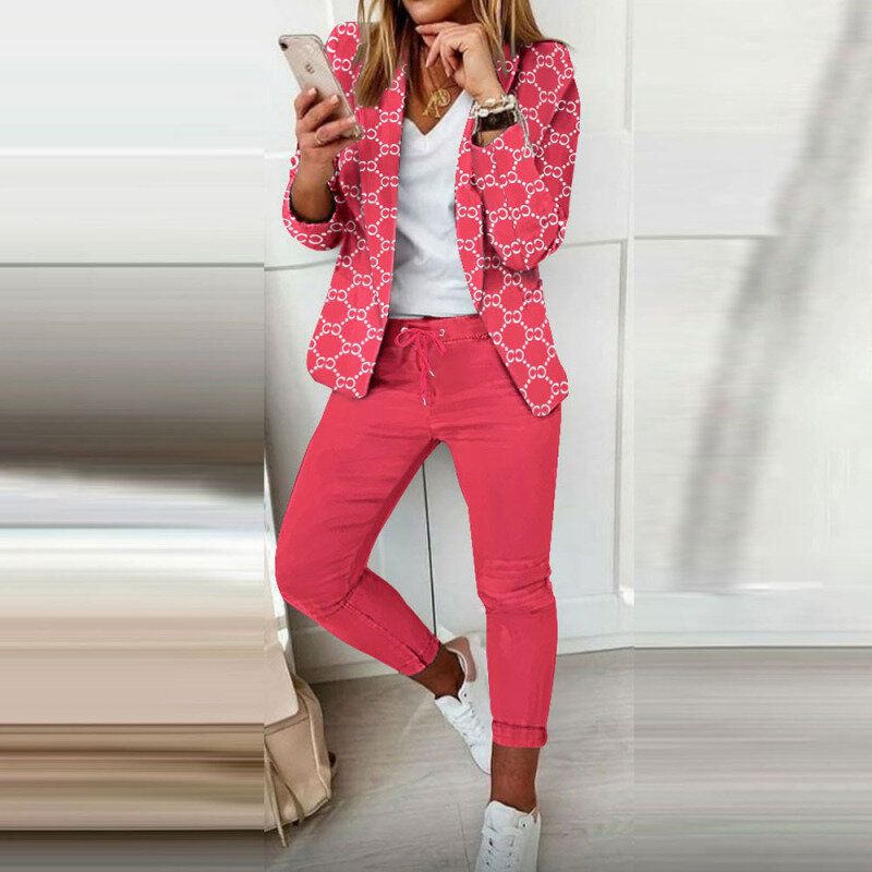 Women Geometry Print Blazer&Trousers Suit 2022 Spring Autumn Fashion Pencil Pants Two Piece Set Office Lady Casual Slim Outifits