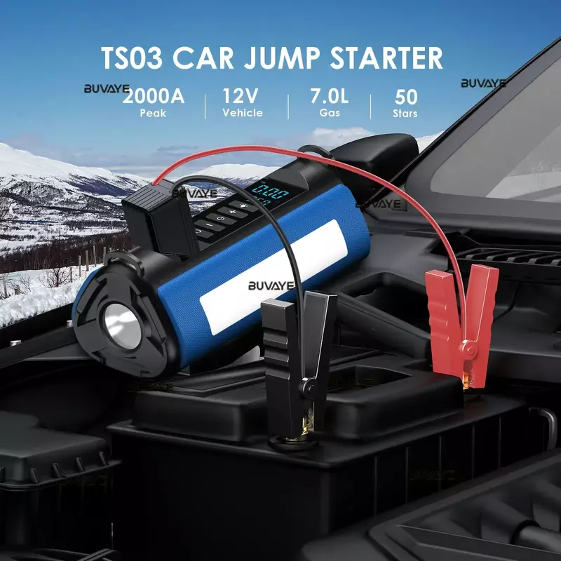 BUVAYE 자동차 점프 스타터 에어 펌프 야외 휴대용 전원 램프, 휴대용 공기 압축기, 다기능 타이어 팽창기, EVA 가방 포함