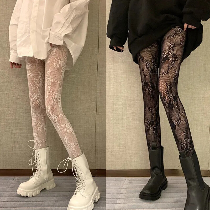 Clássico Lolita Esvaziada Lace Mesh Meias, Meia-calça japonesa, Enfundo Meia Branca, Retro Floral Collants, Meia-calça quente