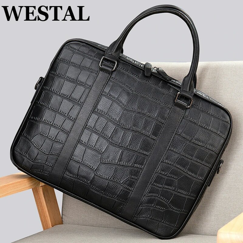 حقيبة جلدية بتصميم Westal-Croco ، حقائب كمبيوتر محمول للرجال ، محفظة أعمال ، محفظة رجال ، 15"