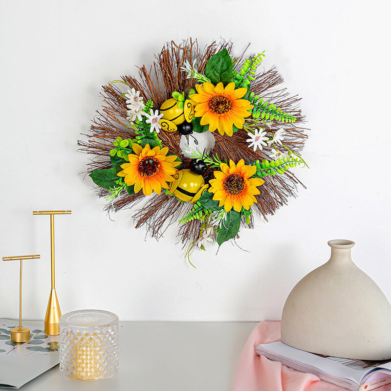 Bunga matahari setengah lingkaran, dekorasi pintu Festival karangan bunga matahari buatan gantung 30*30 Cm untuk dekorasi pintu luar ruangan