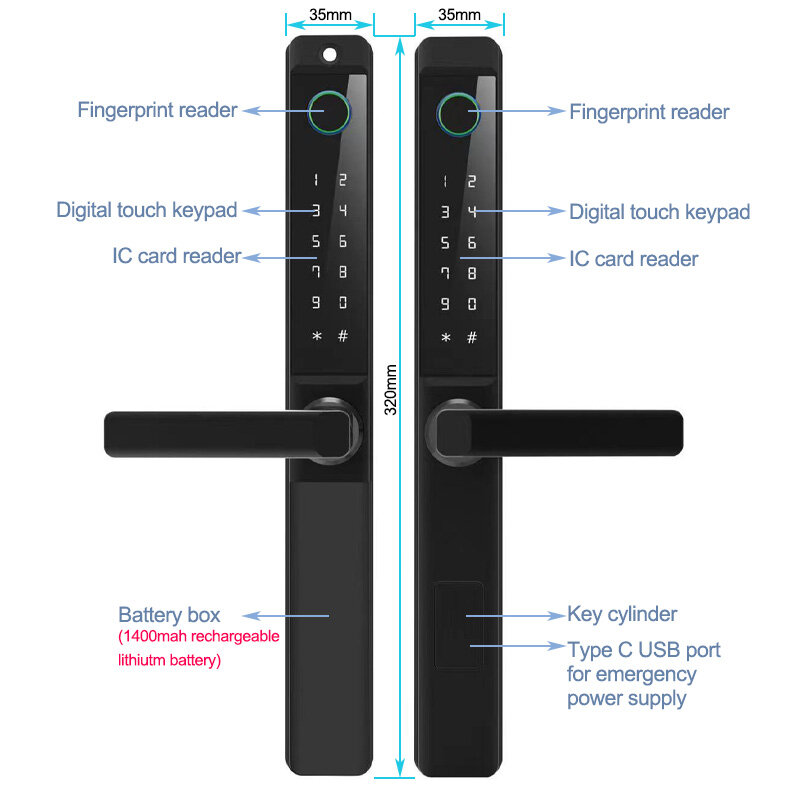 Europäischer Standard ttlock App drahtloses wasserdichtes digitales intelligentes Türschloss mit doppelseitigem elektrischem Finger abdruck leser