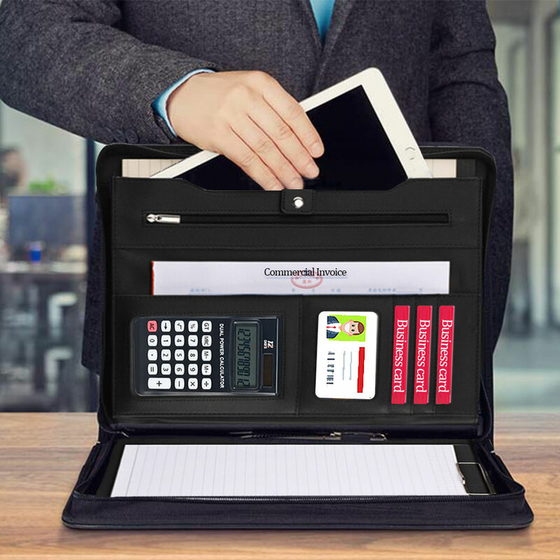 بو الجلود حقيبة مع آلة حاسبة ، أحرف مخصصة مجانية ، مجلد ملف الأعمال A4 ، محفظة للمفكرة ، منظم مستندات المكتب